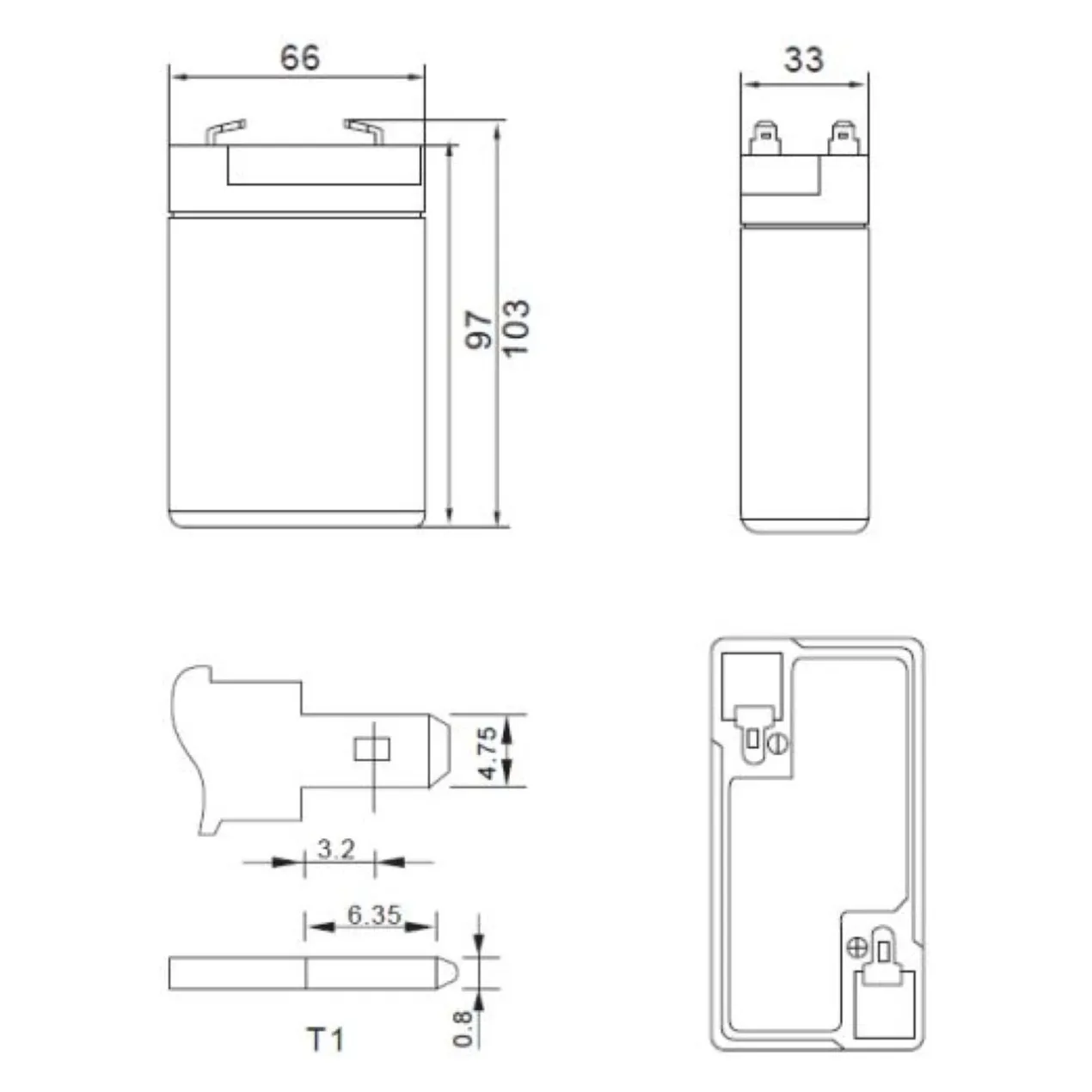 Batteria Al Piombo Ricaricabile AGM Per Servizi 6v 3,2 Ah-(mm) 33x66x