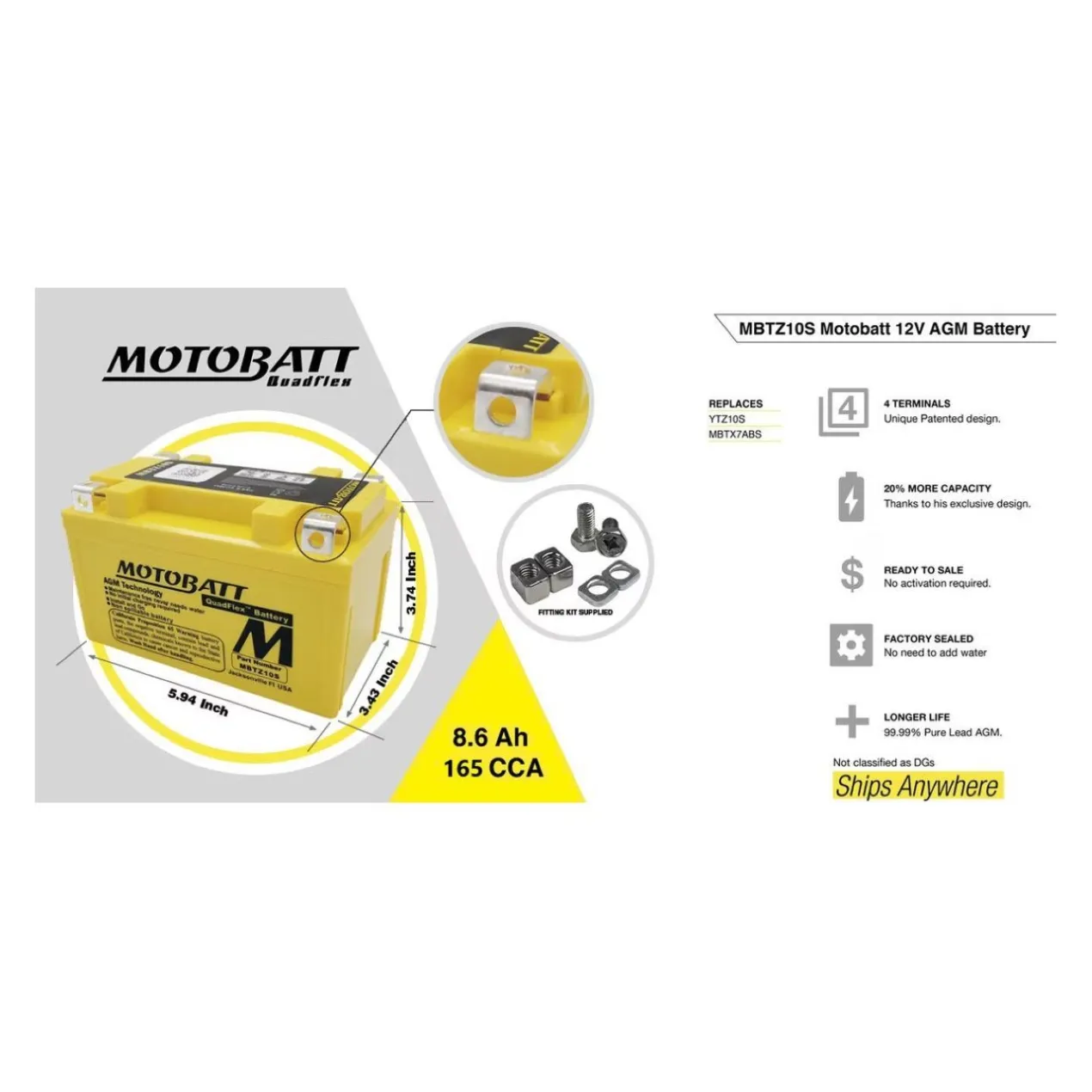 Batteria Potenziata Agm Motobatt 8,6 Ah Mbtz10s