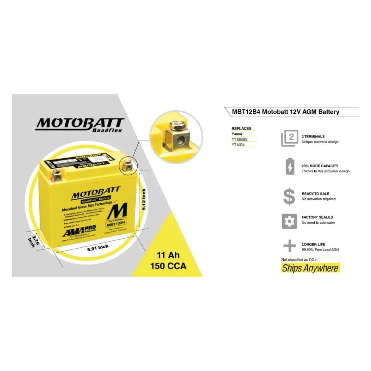 Batteria Potenziata Agm Motobatt 11 Ah Mbt12b4