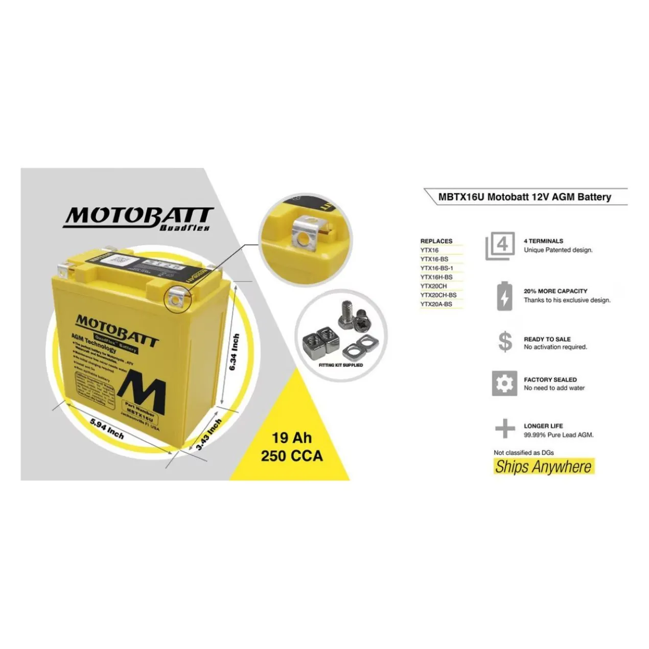 Batteria Potenziata Agm Motobatt 19 Ah Mbtx16u