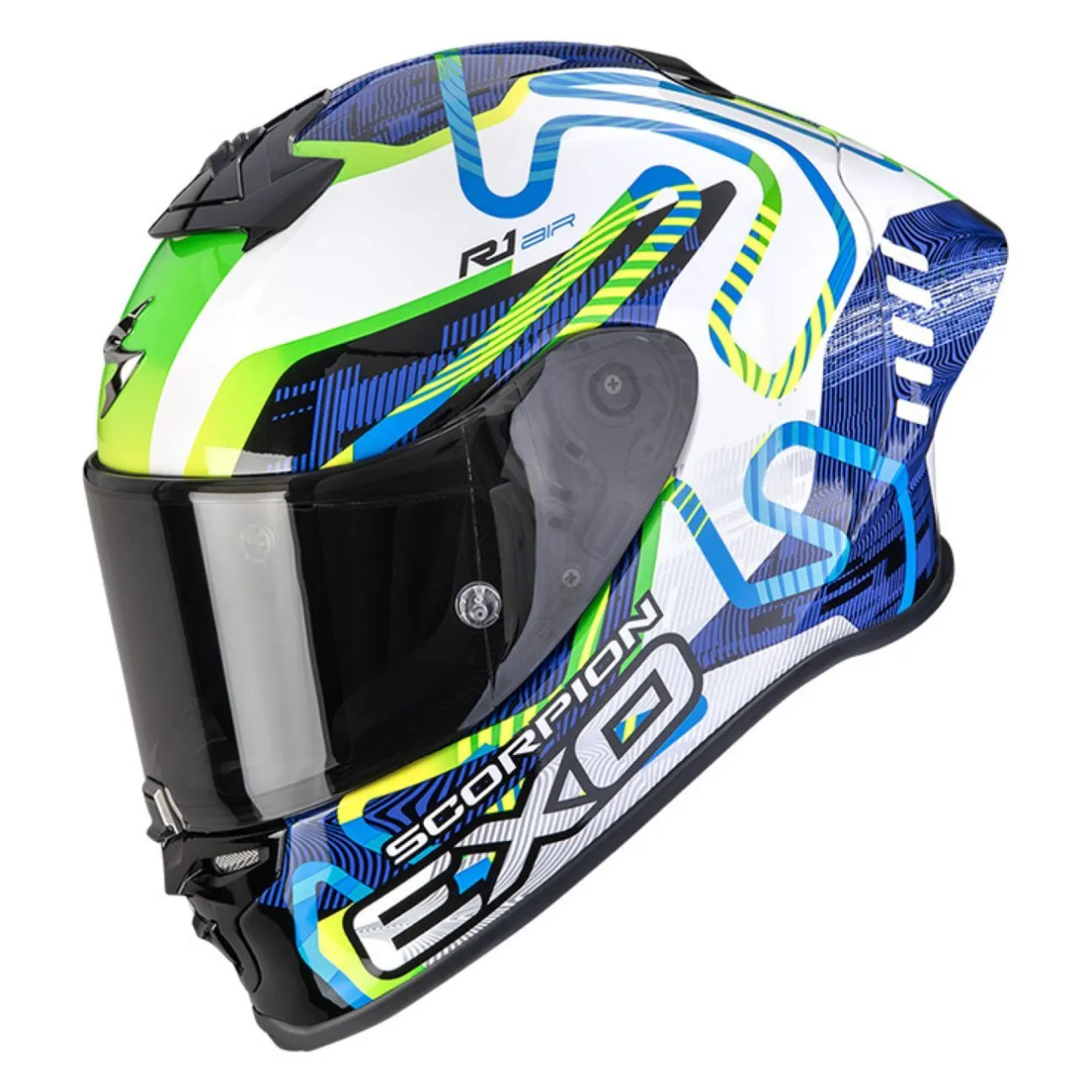 Casco Integrale Scorpion Exo-r1 Evo II Air Cornering Bianco Blu Verde