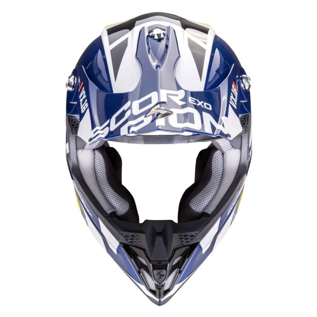 Casco Scorpion Vx-16 Evo Air Analog Bianco Blu Giallo