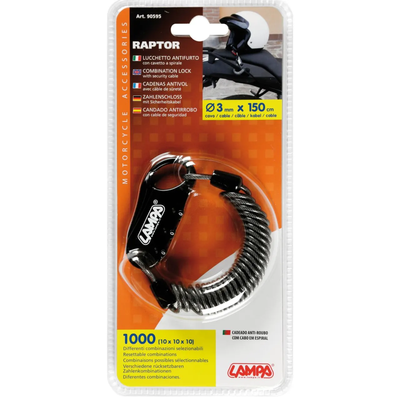 Lucchetto Antifurto Raptor Con Cavo A Spirale Lampa 90595